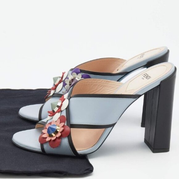SOLD - FENDI- Light Blue/Black ALL Leather Flowerland Slide Sandals Size 39 - Picture 9 of 9